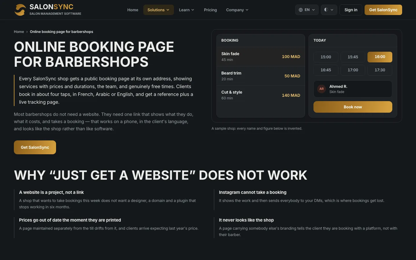 SalonSync online booking page: services with prices and durations, and free time slots
