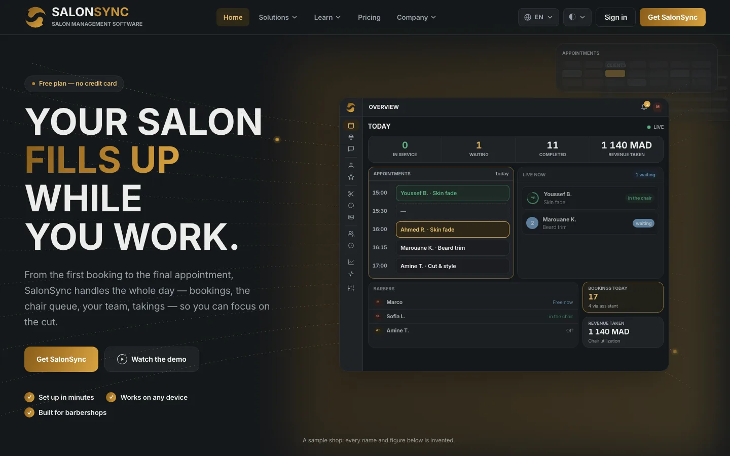 SalonSync dashboard overview: today’s appointments, live queue, barbers and takings